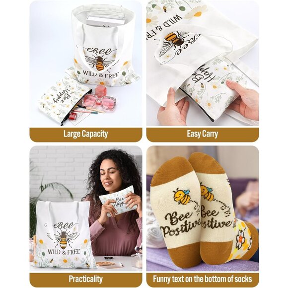 Bee Gift Set Canvas Tote Makeup Bag Socks For Women Nature Lovers - Picture 4 of 6